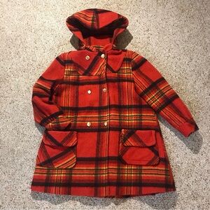 Vintage 1970s red duffle coat Women’s L red yellow plaid pea coat EUC rare aline